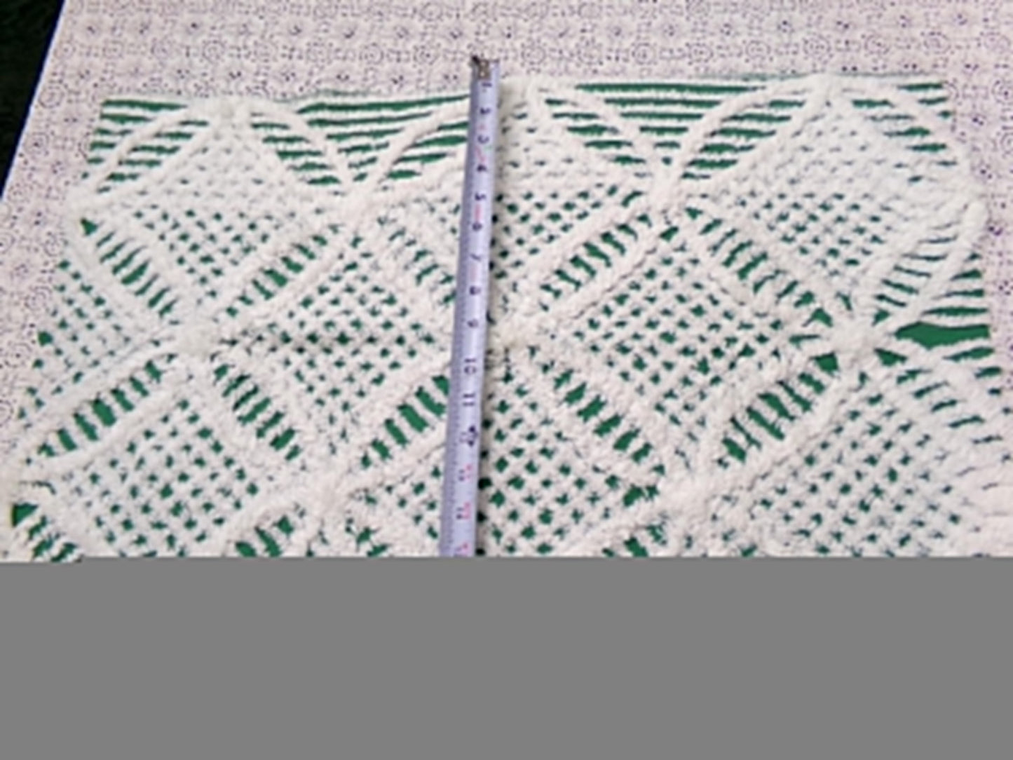 green & white vintage chenille bedspread fabric, 18" x 26" geometric design