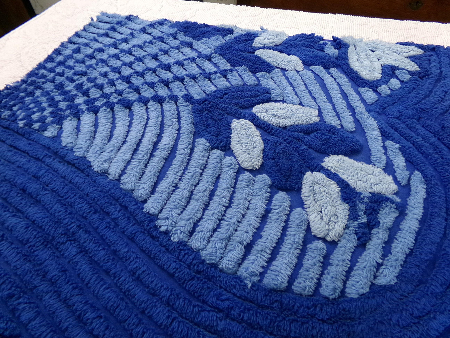 vintage chenille bedspread fabric, mystic blue fan floral sewing material, 22" x 21" piece