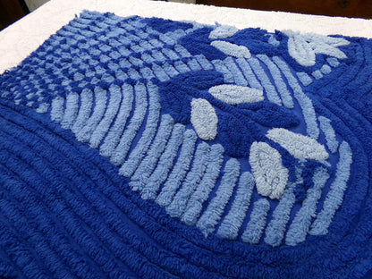 vintage chenille bedspread fabric, mystic blue fan floral sewing material, 22" x 21" piece