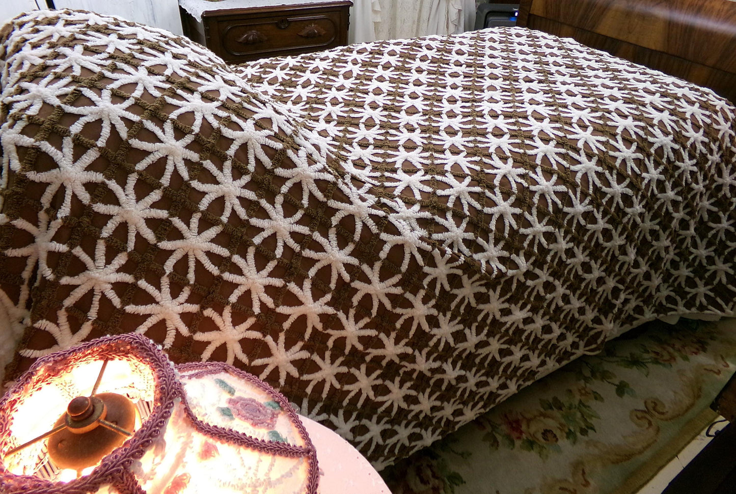 Vintage Chenille Bedspread: Chocolate Cookies Brown Full Size Cotton Bedding
