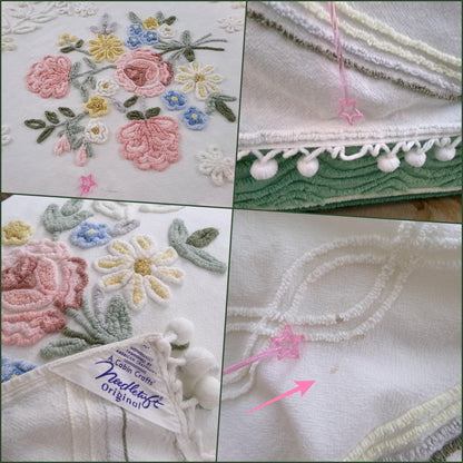 so sweet shabby chic vintage chenille bedspread in summer rose florals, TWIN size chenille coverlet with lots of flowers, pom pom trim