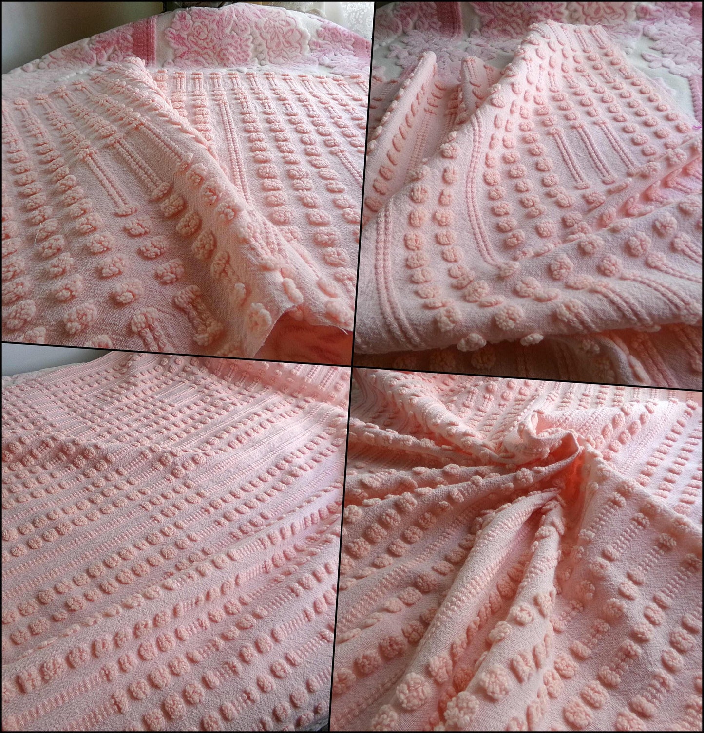 Unique Windowpane Pops Vintage Chenille Fabric, 22" x 22" Piece, Texture Tuft Popcorn Dots & Dashes in Rosy Pink