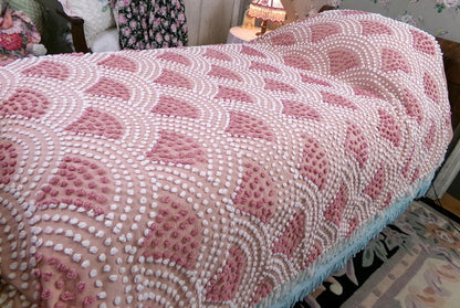 pink mermaid tails vintage chenille bedspread, antique twin size coverlet summer bedding