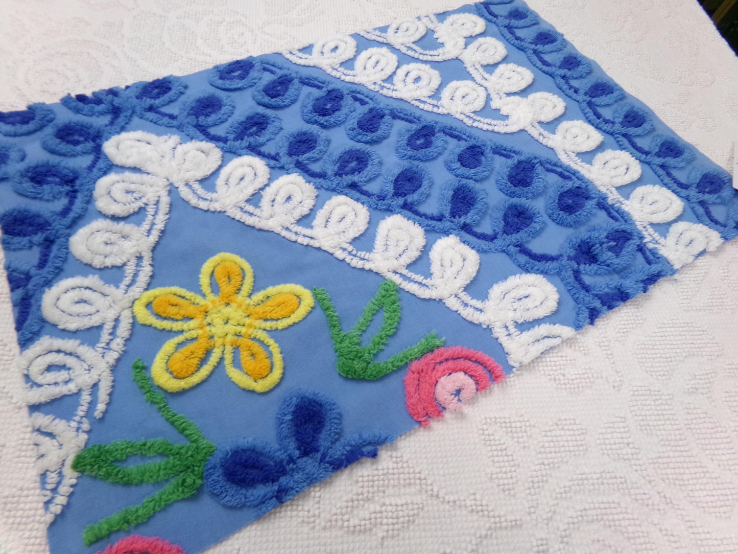 vintage shabby chenille bedspread fabric, abstract floral blue & white swirls, 14" x 22" piece