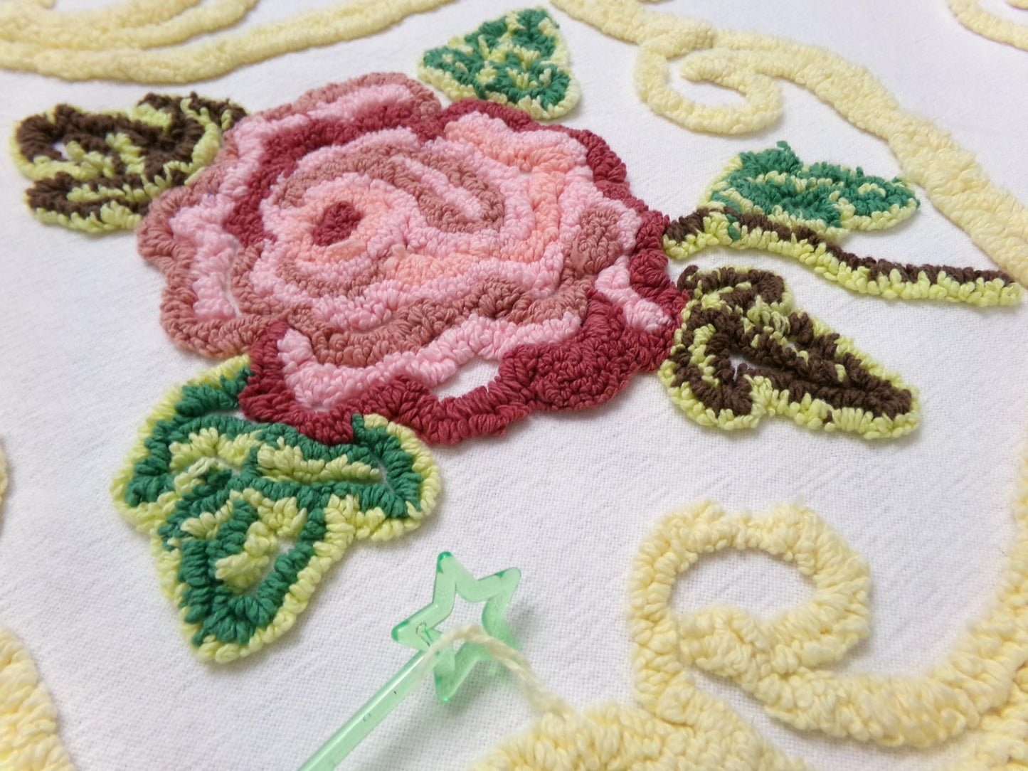 Shabby Pink Rose Vintage Chenille Fabric Dramatic Scrollwork Sewing Quilt Material 25" x 23"