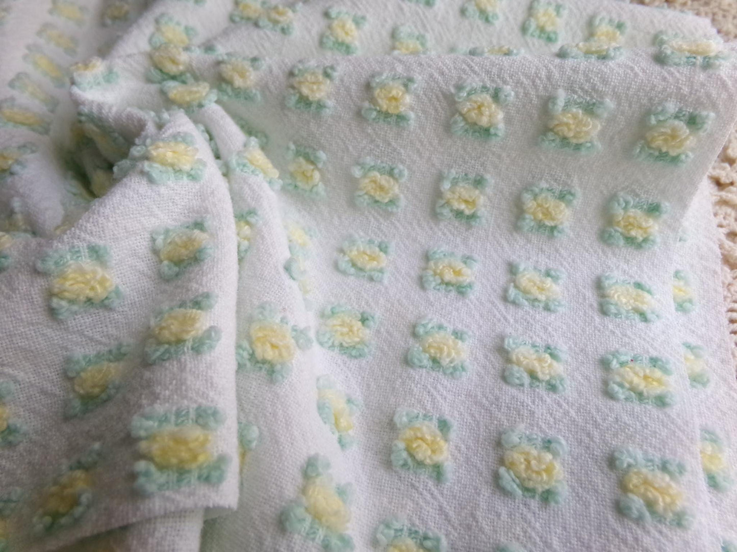 tiny tuft yellow rosebud vintage chenille fabric, textured mini rose design, 18" x 21.5" piece quilt material