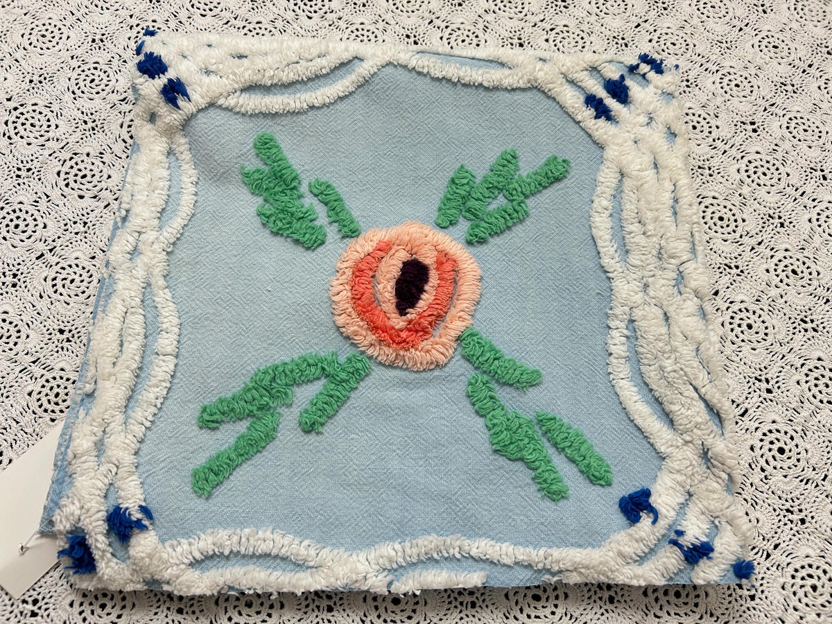 Coastal Blue Vintage Chenille Bedspread Fabric Floral 23x21" Piece