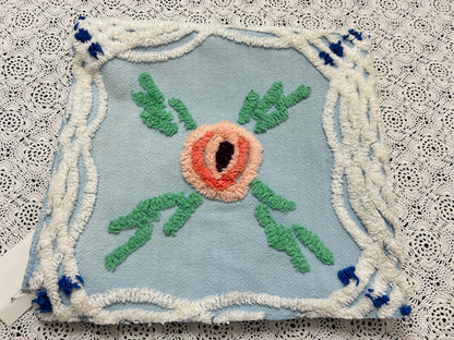 Coastal Blue Vintage Chenille Bedspread Fabric Floral 23x21" Piece