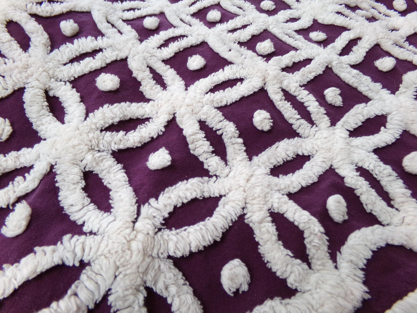 Vintage Chenille Fabric, Mulberry Snowdrops 18" x 24" Piece of Geometric White Tufted Cotton Sewing & Quilt Material