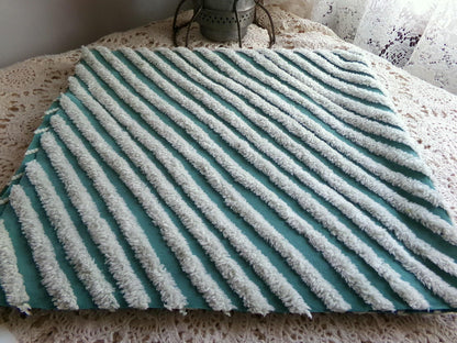 eyecatching plush stripes vintage chenille fabric, tonal green diagonal striped lines, 22" x 25" inch piece of sewing quilt material