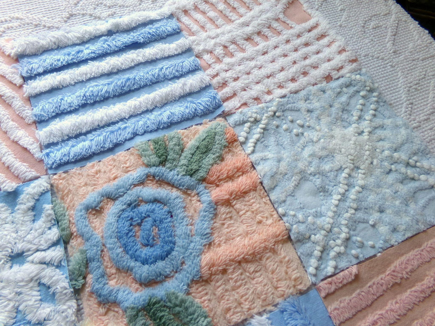 frost & fizz vintage chenille fabric squares, set of 16 blue, peach, white 6" quilt blocks for arts, crafts sewing