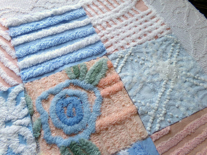 frost & fizz vintage chenille fabric squares, set of 16 blue, peach, white 6" quilt blocks for arts, crafts sewing