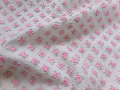Shabby Tiny Tuft Pink Rosebud Vintage Chenille Fabric, Mini Rose Pattern, 20" x 12"