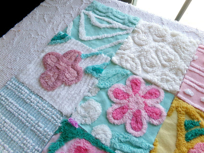 funky flowers 6" chenille squares, colorful mixed set of 16 quilt blocks rotary cut from vintage chenille bedspread fabrics