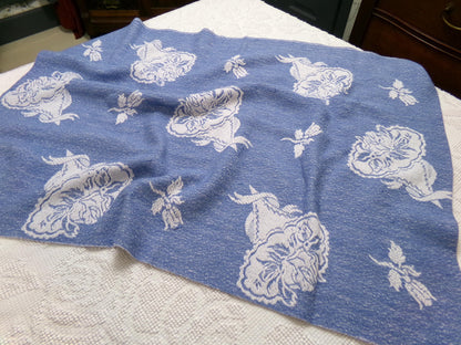 Vintage Woven Reversible Fabric Cabbage Rose Floral Blue White Cottage Chic 22x30