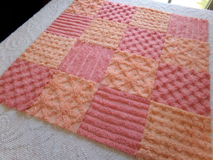 peach sorbet vintage chenille fabric squares, set of 16 plush soft tufted 6" quilt blocks