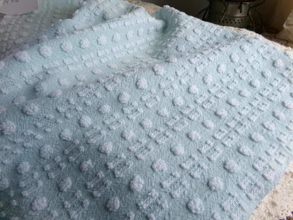 Aqua White Vintage Chenille Quilt Fabric, Petite Double Dash Dot Design with Silver Lurex, 14" x 18" inch Piece