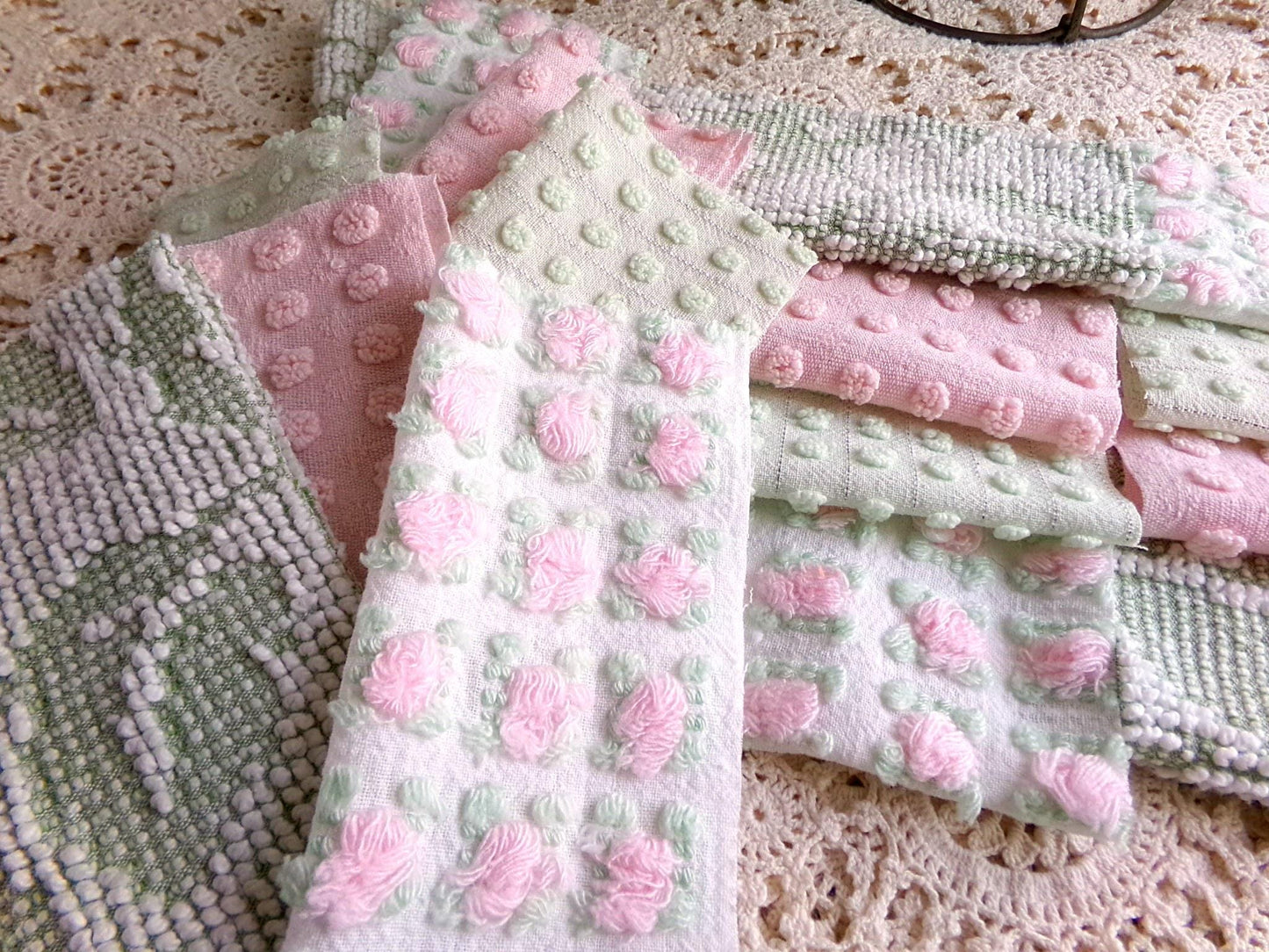 blossom & botanical vintage chenille fabric squares, rotary cut set of 16 quilt blocks 6" each in pink, green