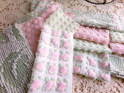 blossom & botanical vintage chenille fabric squares, rotary cut set of 16 quilt blocks 6" each in pink, green