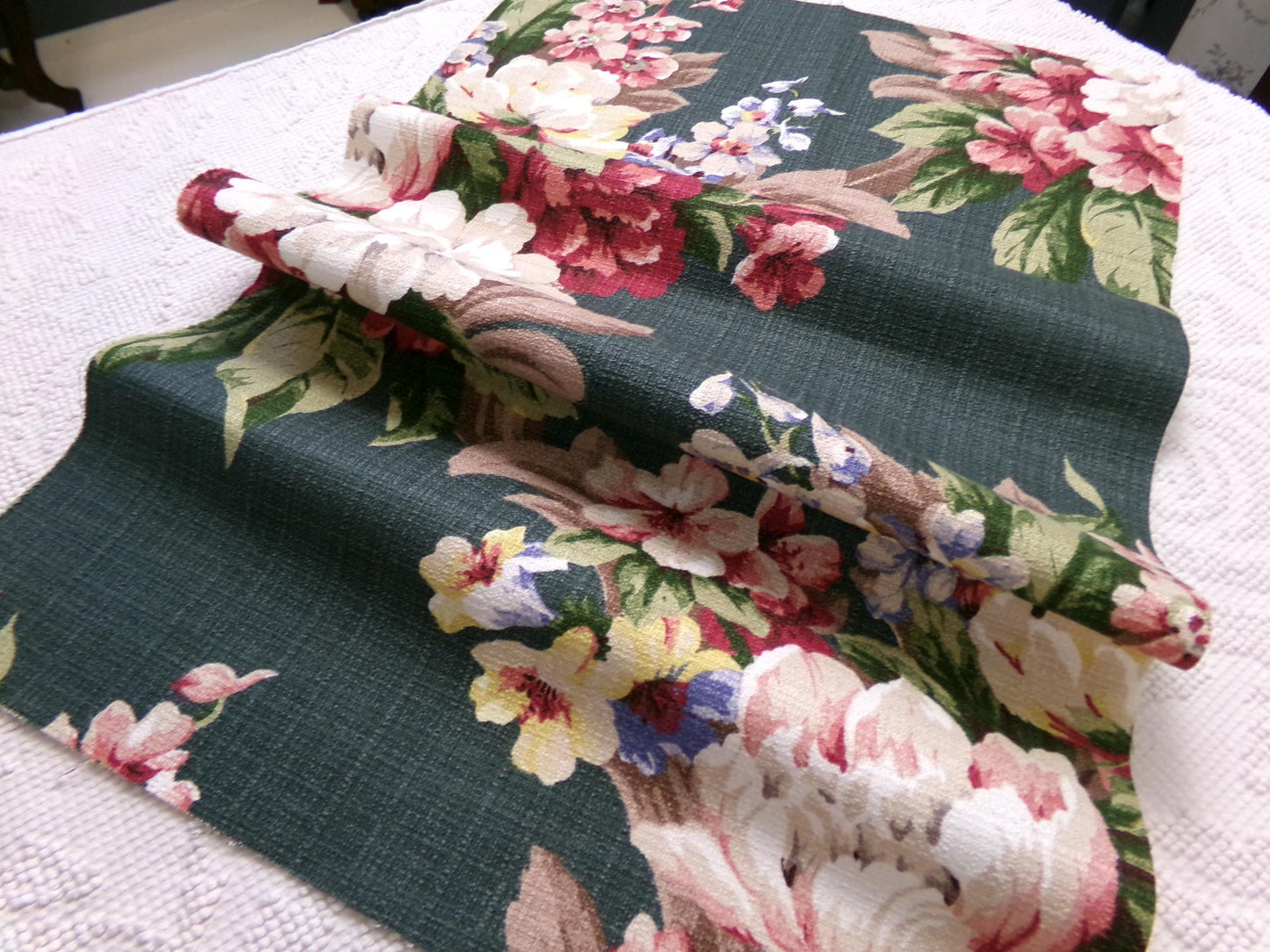Vintage 1940s Style Repro Barkcloth Fabric Dark Green Cottage Garden Floral, 15.5" x 26"