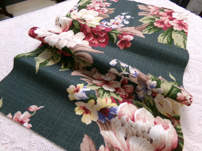 Vintage 1940s Style Repro Barkcloth Fabric Dark Green Cottage Garden Floral, 15.5" x 26"