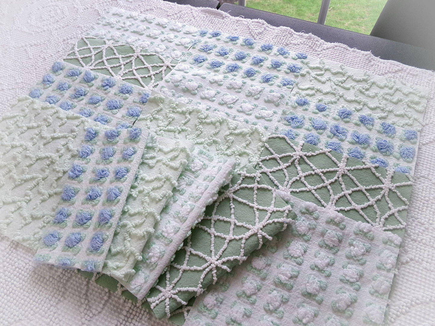 coastal wanderings vintage chenille fabric squares, 16 vintage 6" quilt blocks in natural green & white for sewing, crafts, fiber arts