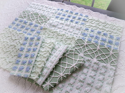 coastal wanderings vintage chenille fabric squares, 16 vintage 6" quilt blocks in natural green & white for sewing, crafts, fiber arts