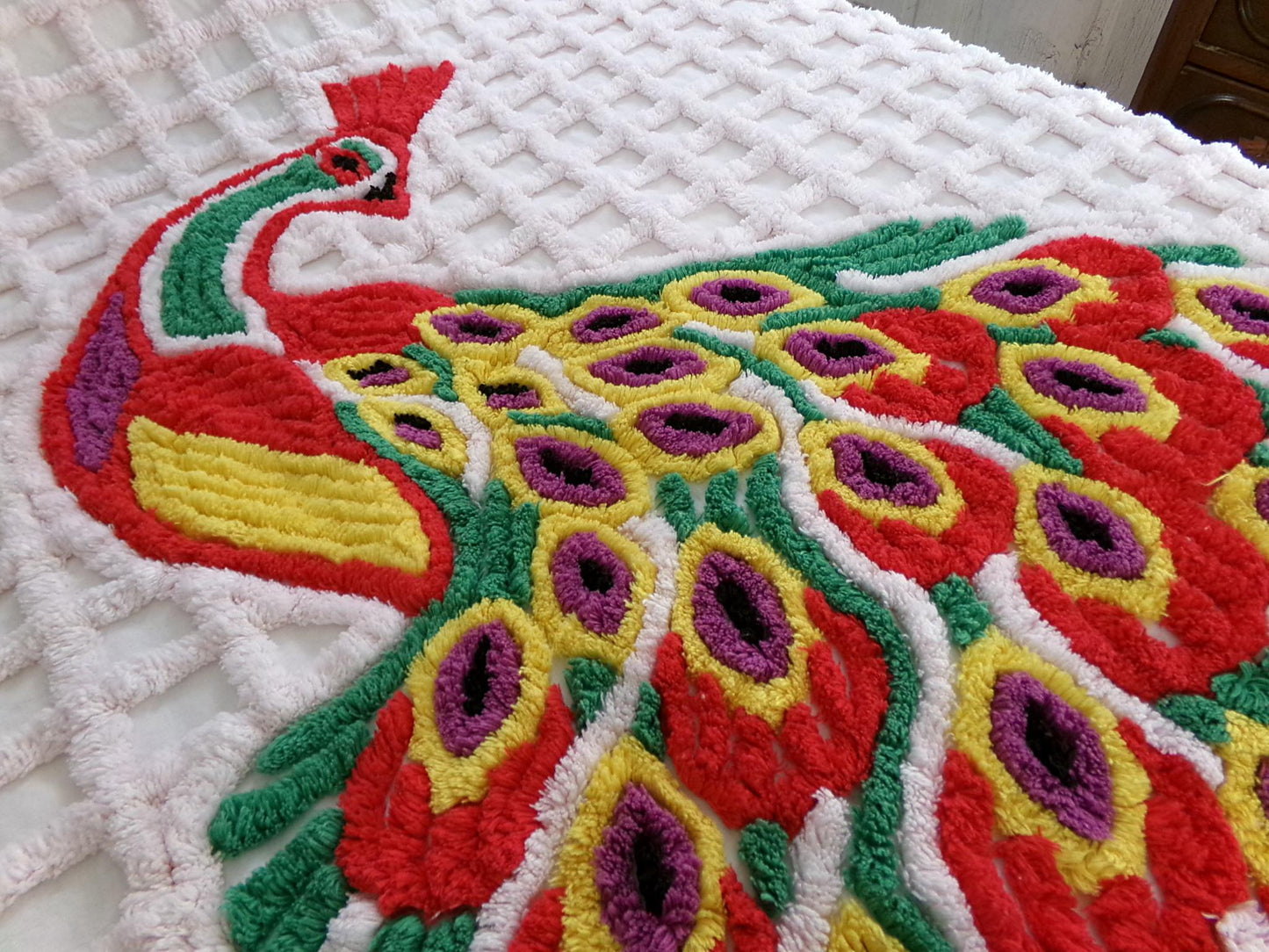 Sprawling Peacock Vintage Chenille Bedspread, Boho Red Green & White Cotton Full Size