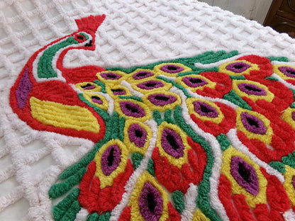 Sprawling Peacock Vintage Chenille Bedspread, Boho Red Green & White Cotton Full Size