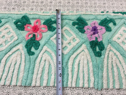 Seafoam Green Vintage Chenille Fabric, Plush Tropical Flowers 13x34" Piece