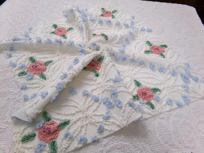 Pink Roses in Winter Vintage Chenille Bedspread Fabric, Romantic 22" x 20" Piece Sewing Material