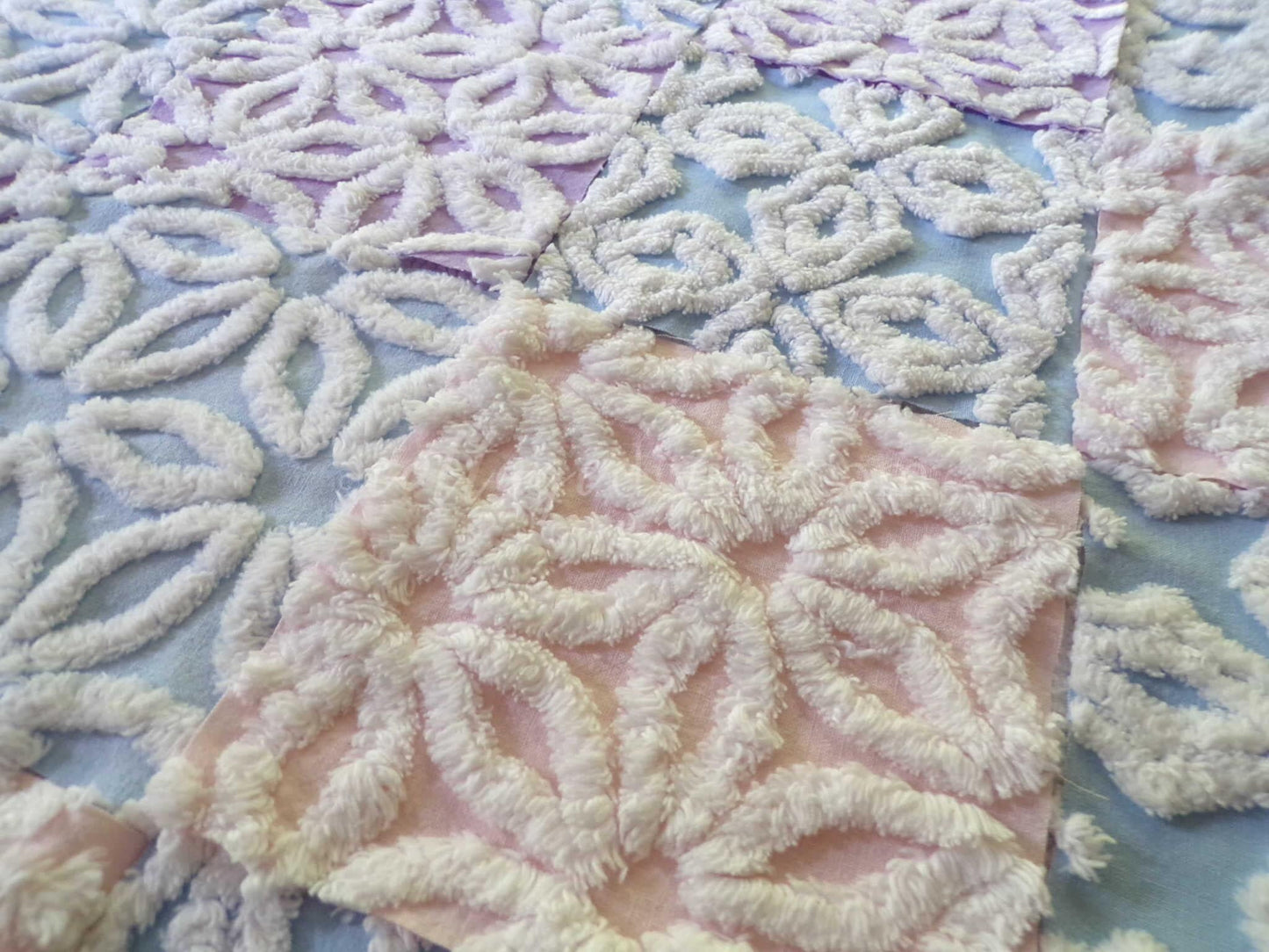 fluffy pastel vintage chenille fabric squares in pink, blue & lilac white, set of 16 quilt blocks, 6" x 6" inches each for quilting, crafts