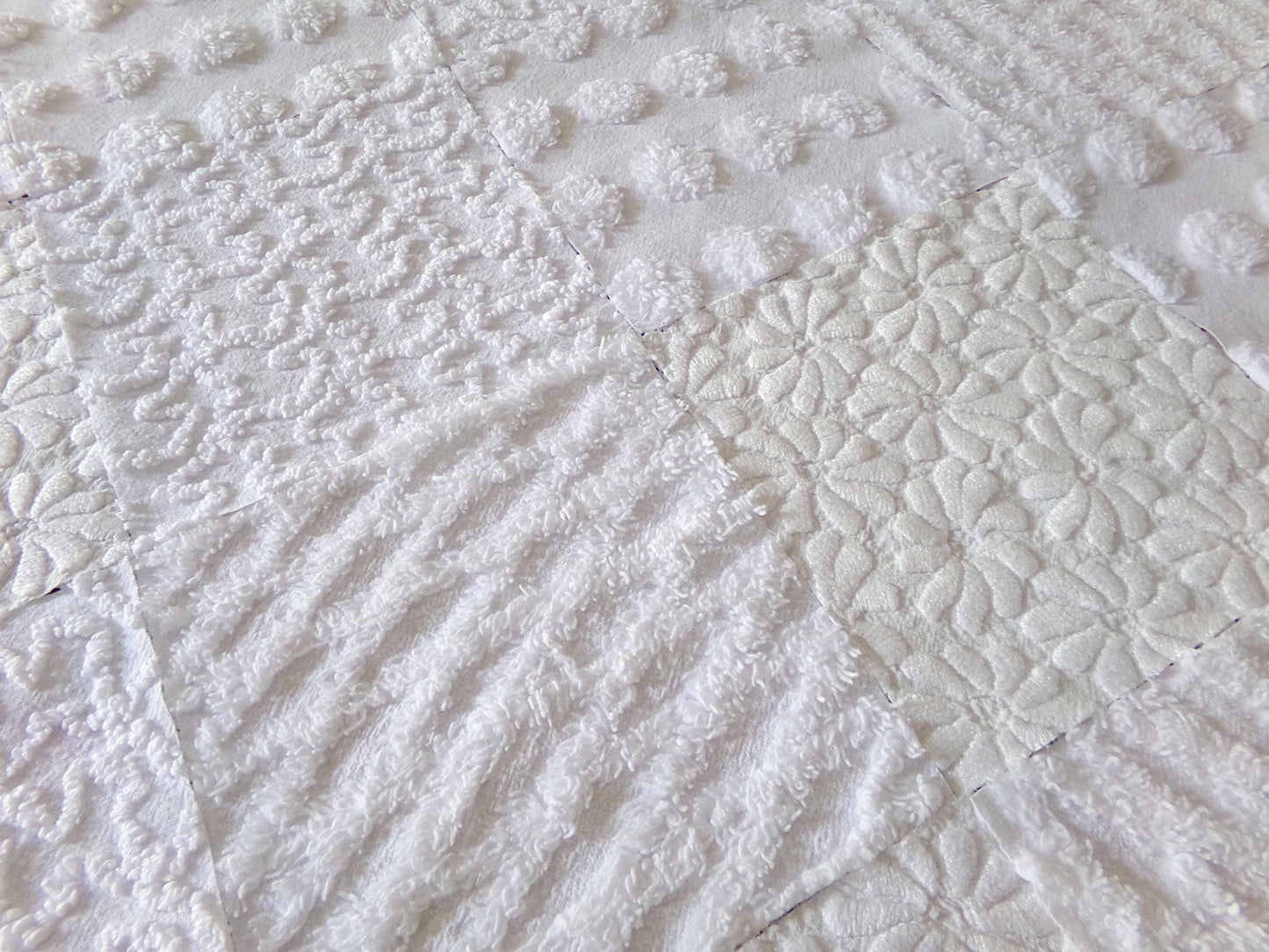 Daisies in Snow Chenille Fabric Squares, Set of 16 Quilt Blocks, 6" each in Shades of White, Great Neutral Textures