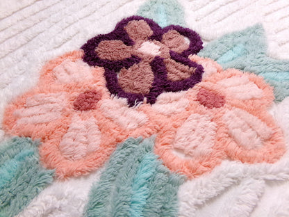 Vintage Chenille Fabric Piece, Magnolia Florals on White, 19" x 23" Sewing Material