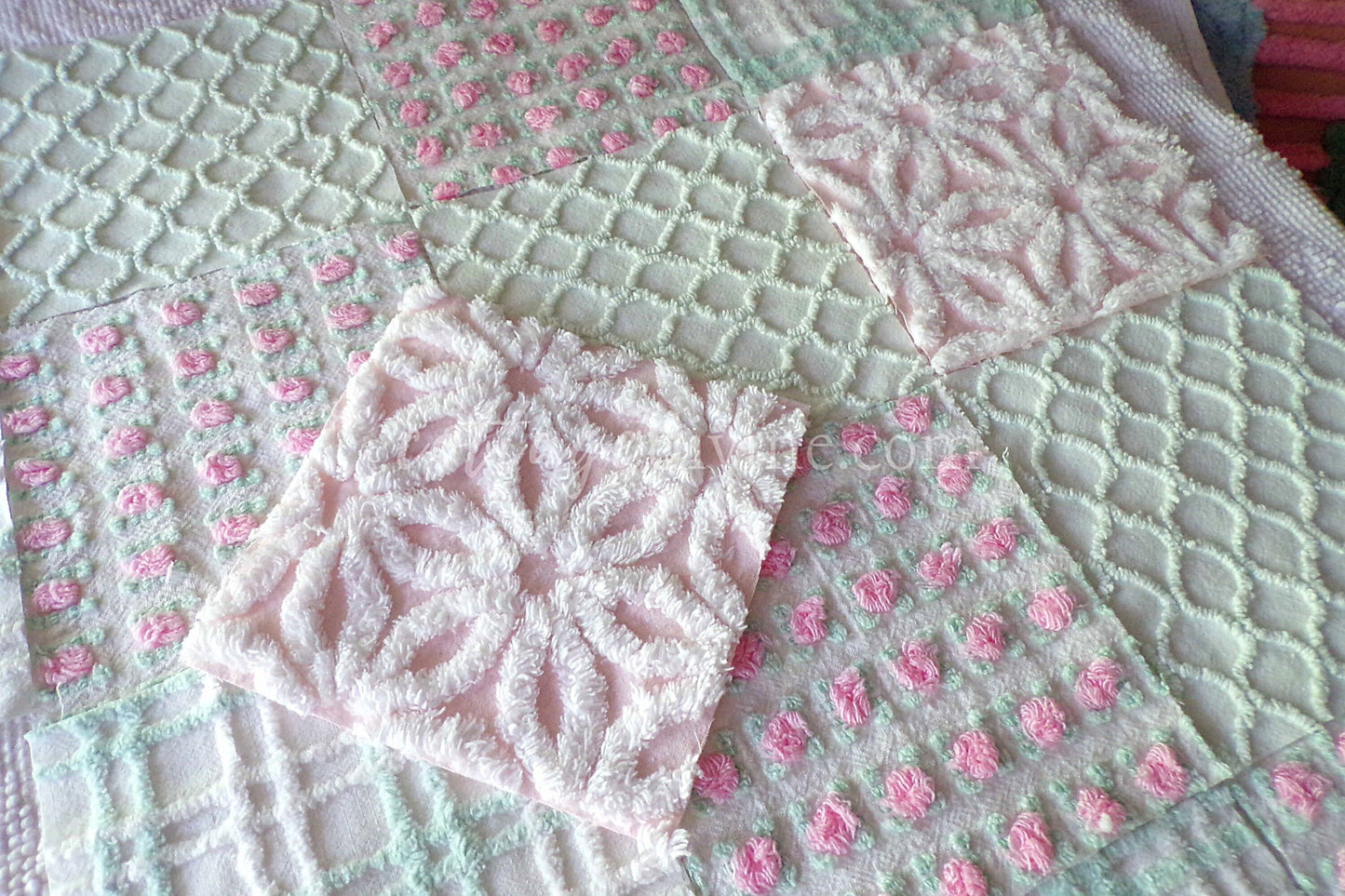 Picnic Pink & Green Chenille Fabric Squares Set of 16 Quilt Blocks, 6" x 6" inches each, Pretty Green, White, Pink Rosebud