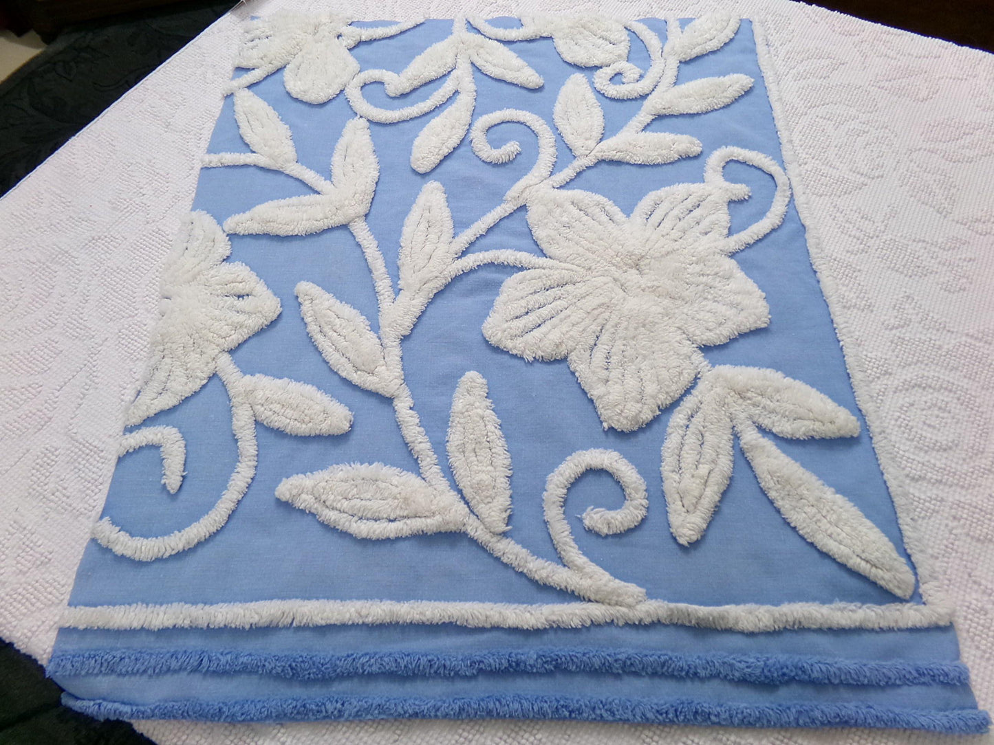 Vintage Chenille Fabric Piece, White Botanical Floral on Sky Blue, 21" x 24" Sewing Material