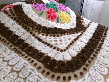 Vintage Chenille Bedspread, Rainbow Hearts Chocolate Brown, Full Size
