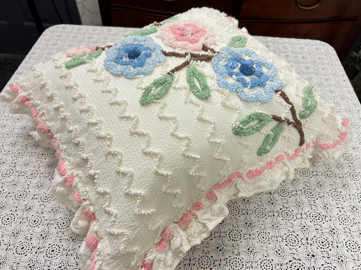 Floral Ruffled Vintage Chenille Pillow Cover 18" Square Seersucker