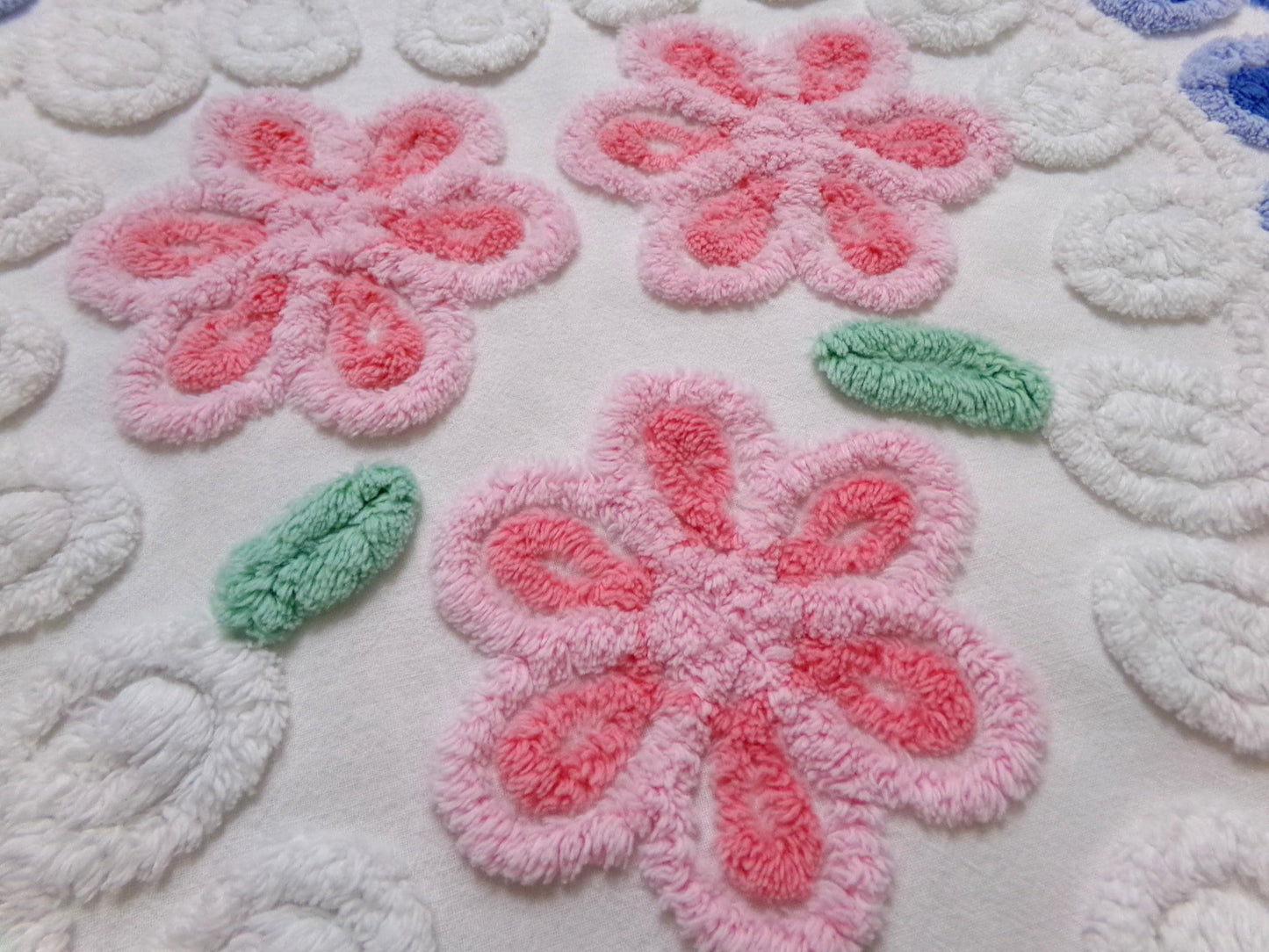 Sweetheart Floral Vintage Chenille Fabric, Pink & Blue Sewing Material 17.5" x 17" Piece