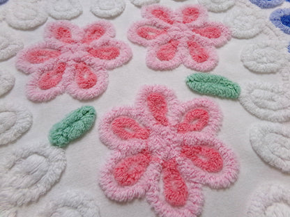 Sweetheart Floral Vintage Chenille Fabric, Pink & Blue Sewing Material 17.5" x 17" Piece