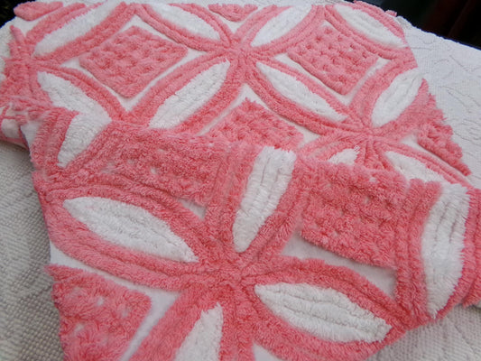 Ultra Plush Vintage Chenille Fabric, tufted pink & white geometric designs, piece sewing craft quilt material, 20" x 24"