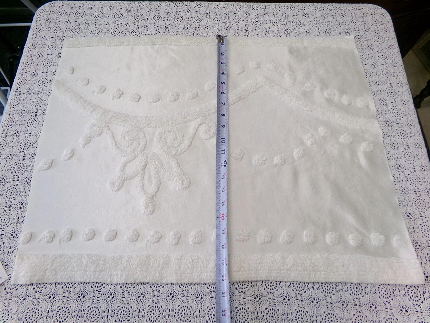 Vintage White Satin Chenille Bedspread Fabric, Shabby Chic 19x25" Piece