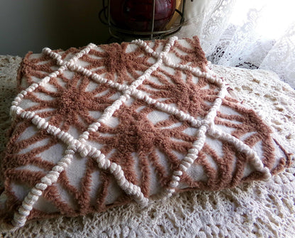vintage brown chenille fabric: 18" x 28" contrast piece in mocha w/ tiny vanilla pearl pops, cute for teddy bears, quilts, crafts