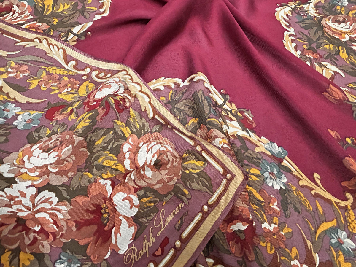 Vintage Ralph Lauren Silk Scarf Burgundy Wine Rose Floral Baroque Scroll Border