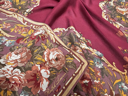 Vintage Ralph Lauren Silk Scarf Burgundy Wine Rose Floral Baroque Scroll Border