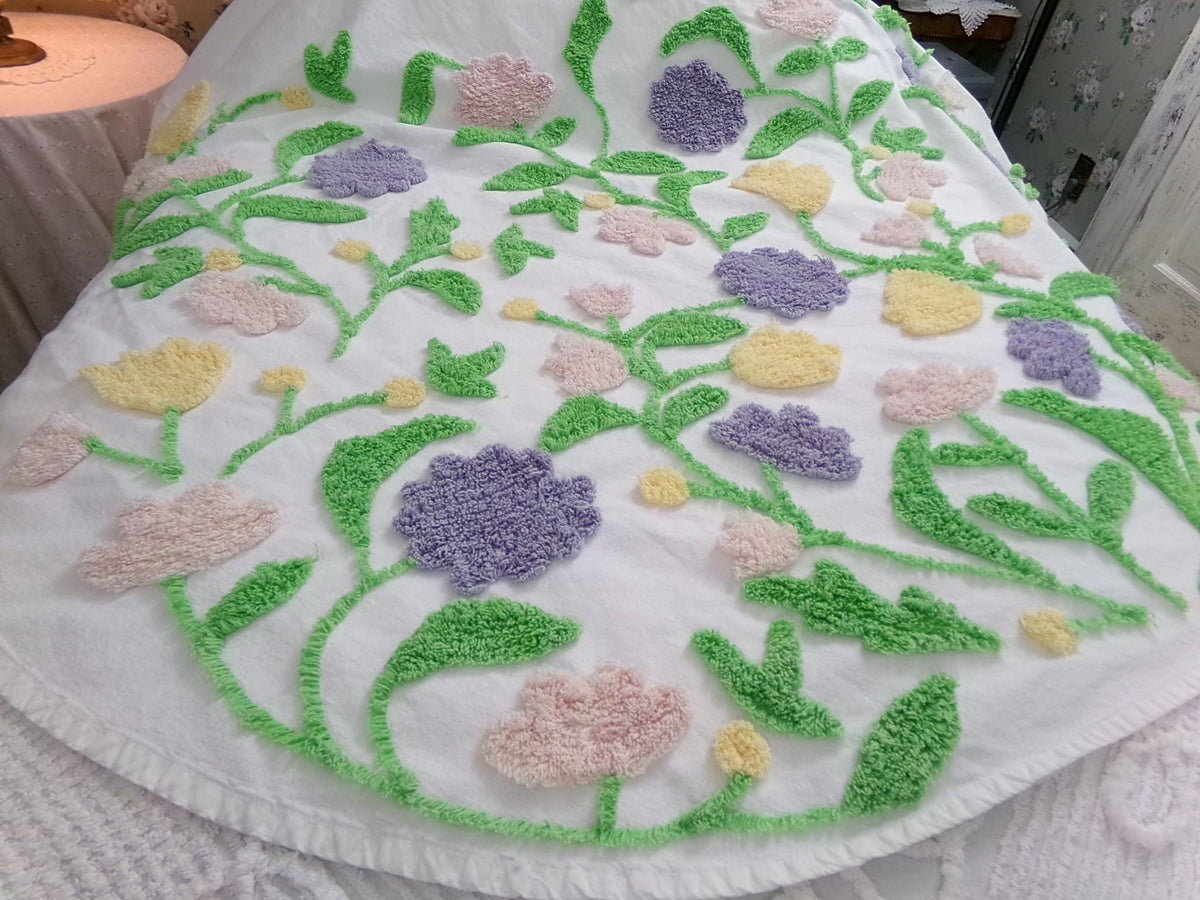 Y2K Vintage Style Chenille Bedspread, Summer Floral Burst TWIN Coverlet