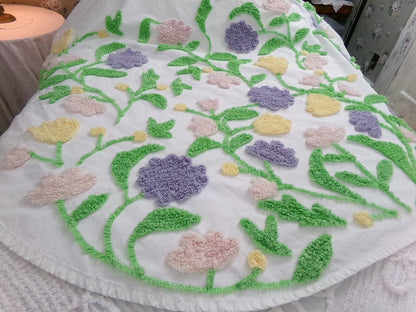 Y2K Vintage Style Chenille Bedspread, Summer Floral Burst TWIN Coverlet