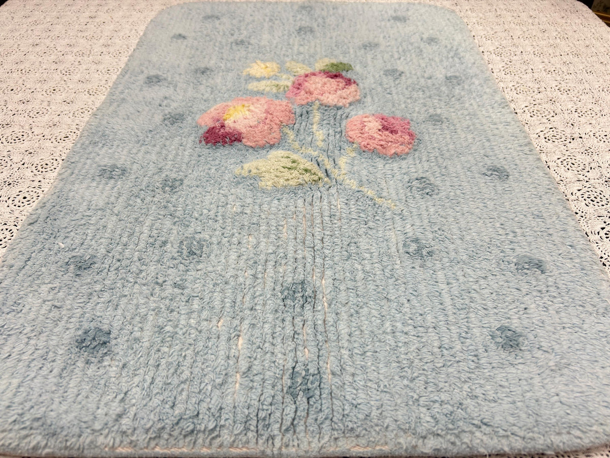 Small Vintage Chenille Rug, Pink Roses & Dots Blue 16" x 24" Accent Mat / Wall Hanging