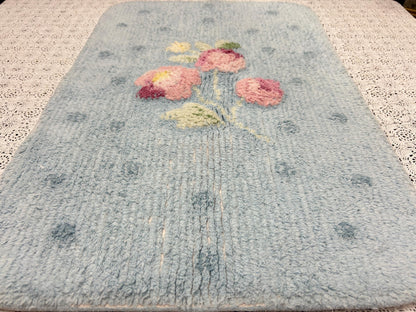 Small Vintage Chenille Rug, Pink Roses & Dots Blue 16" x 24" Accent Mat / Wall Hanging