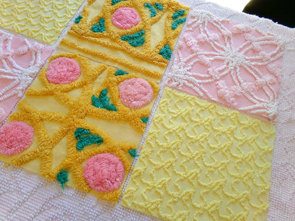 spring sun chenille fabric squares, 7.5" vintage quilt blocks, pink, gold, yellow floral & geometric, set of 6 for sewing, crafts, quilting